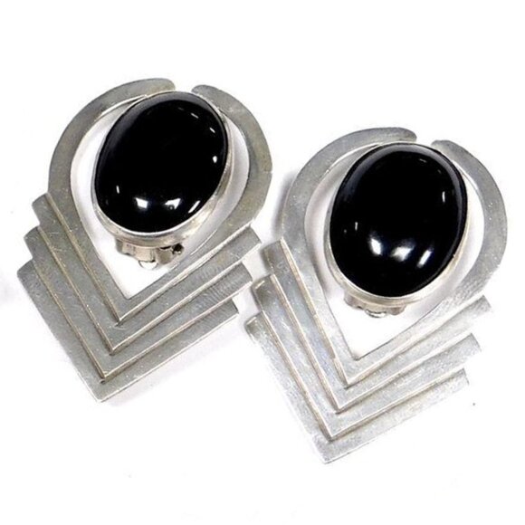 Vintage Modernist 925 Sterling Silver Black Onyx Chevron Earrings, Geometric - Picture 1 of 4